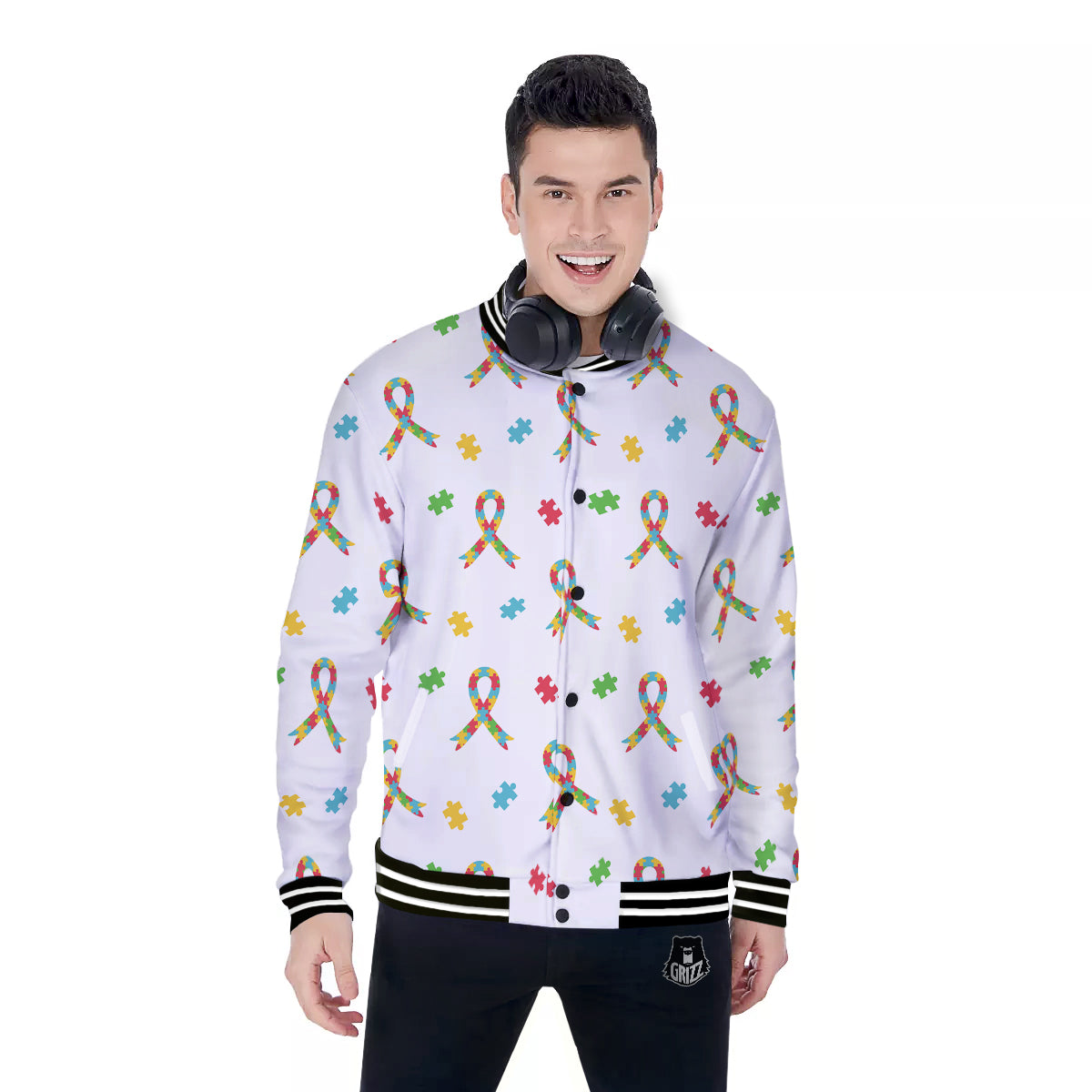 Ribbon Autism Awareness Print Pattern Baseball Jacket-grizzshop