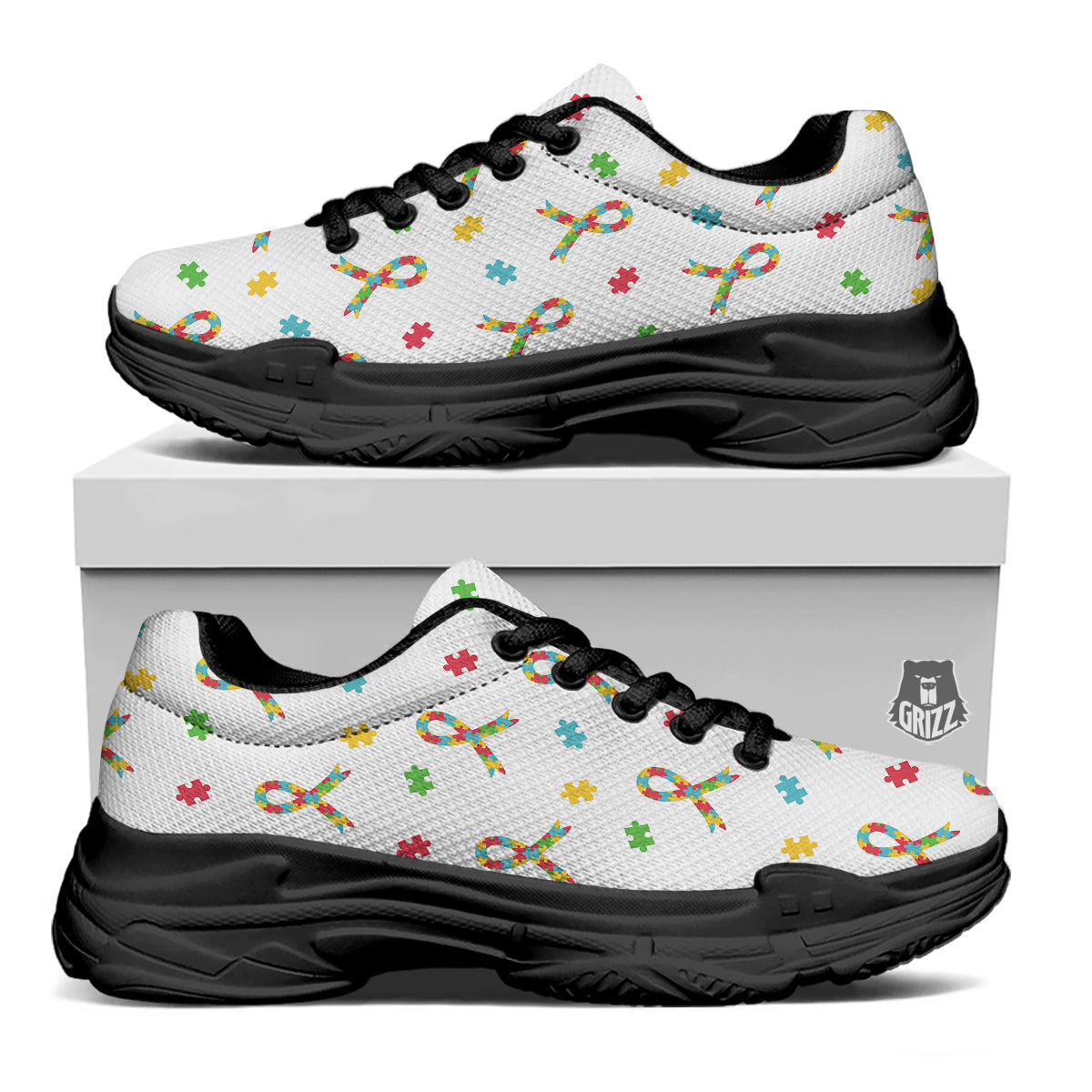 Ribbon Autism Awareness Print Pattern Black Chunky Shoes-grizzshop