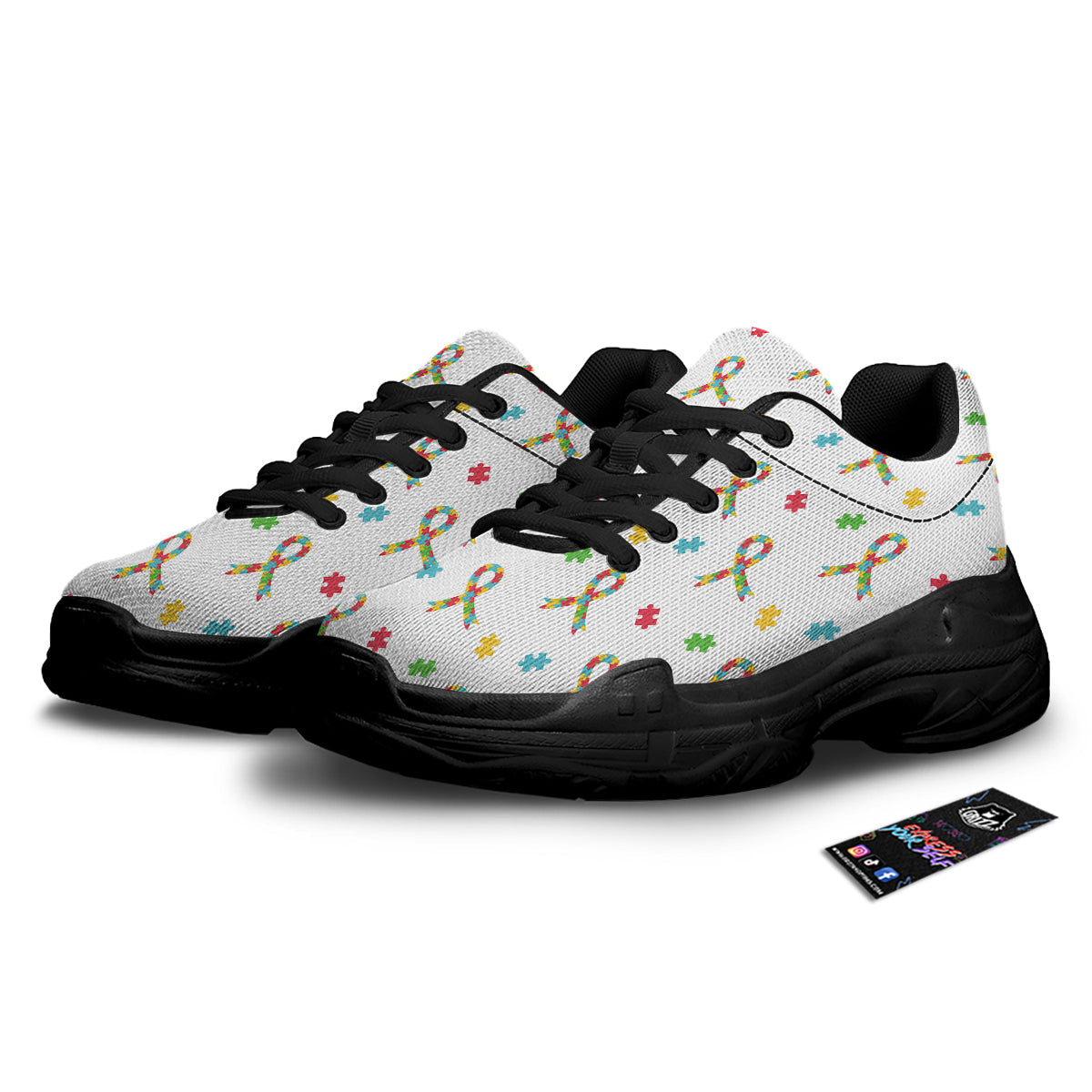 Ribbon Autism Awareness Print Pattern Black Chunky Shoes-grizzshop