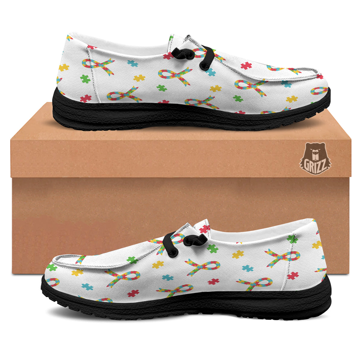 Ribbon Autism Awareness Print Pattern Black Loafers-grizzshop