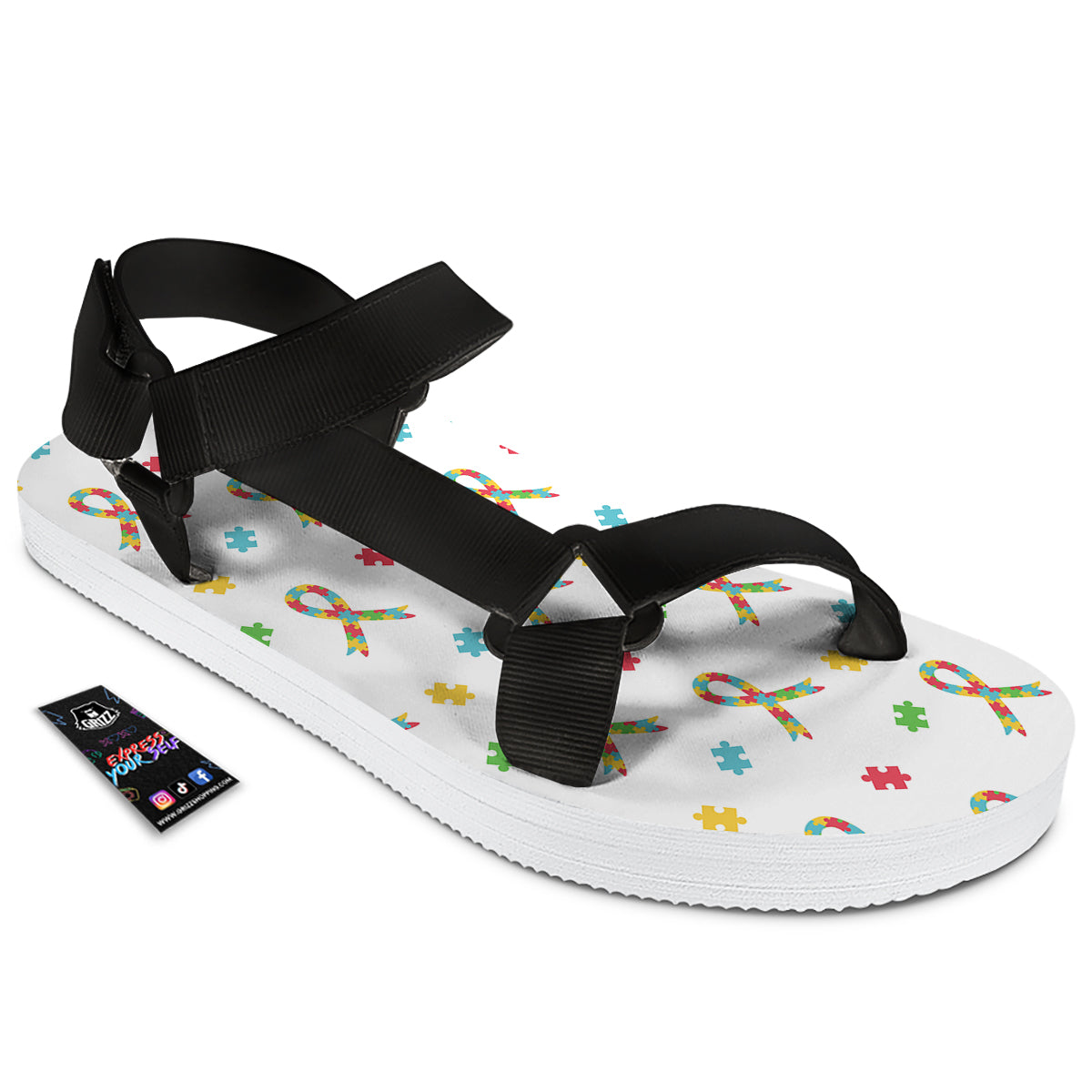 Ribbon Autism Awareness Print Pattern Black Open Toe Sandals-grizzshop