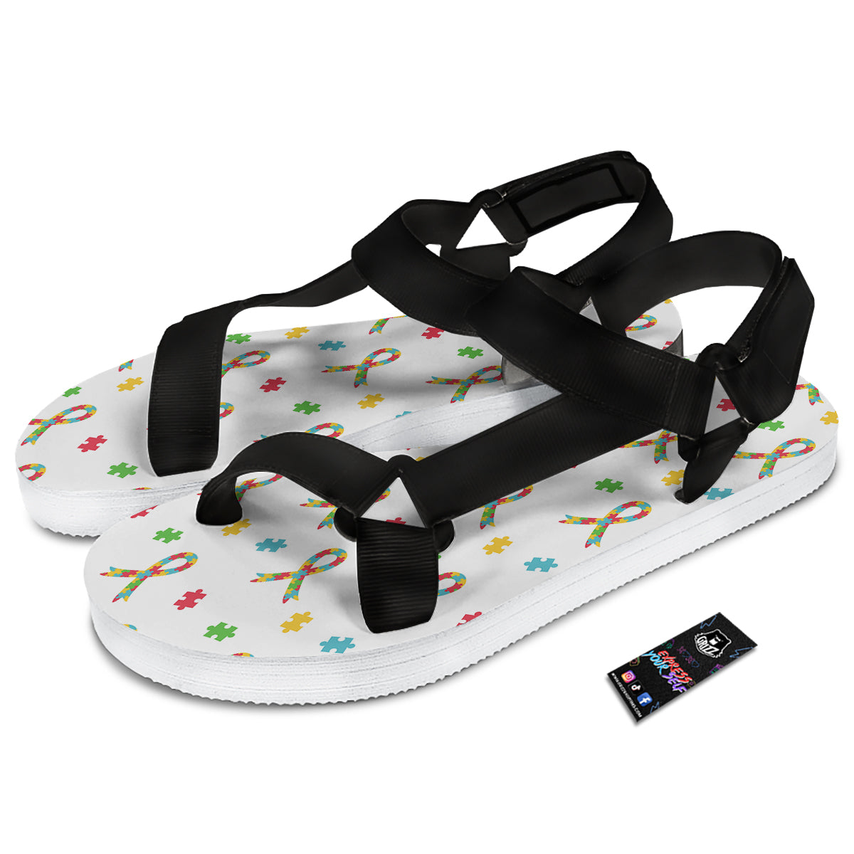 Ribbon Autism Awareness Print Pattern Black Open Toe Sandals-grizzshop
