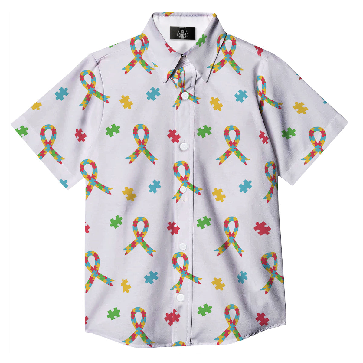 Ribbon Autism Awareness Print Pattern Button Up Shirt-grizzshop