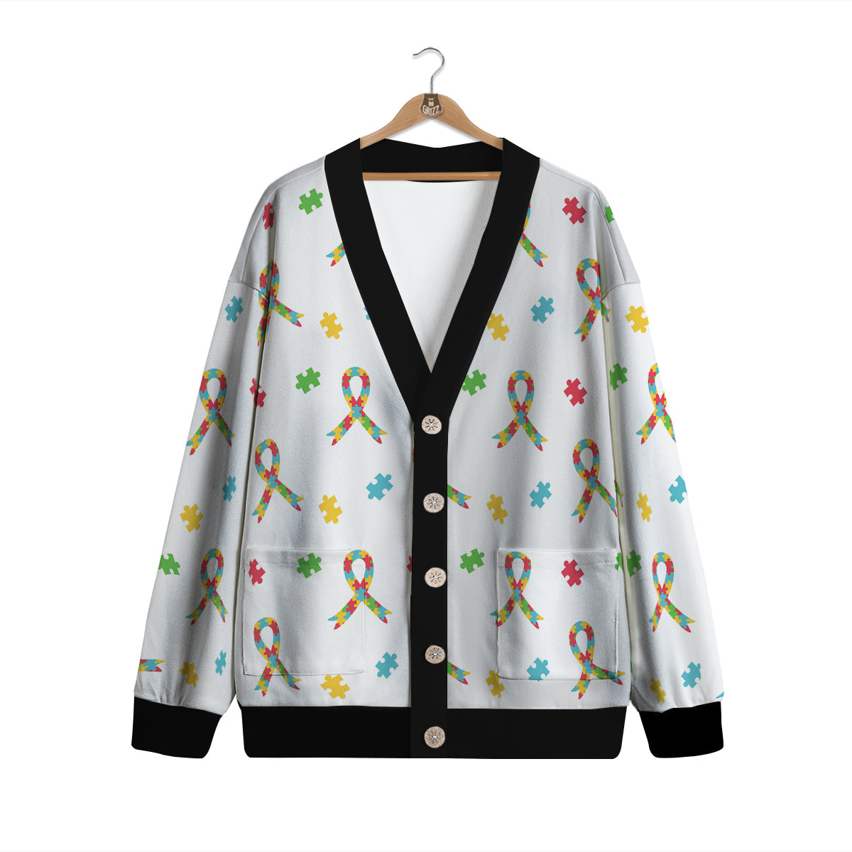 Ribbon Autism Awareness Print Pattern Cardigan-grizzshop