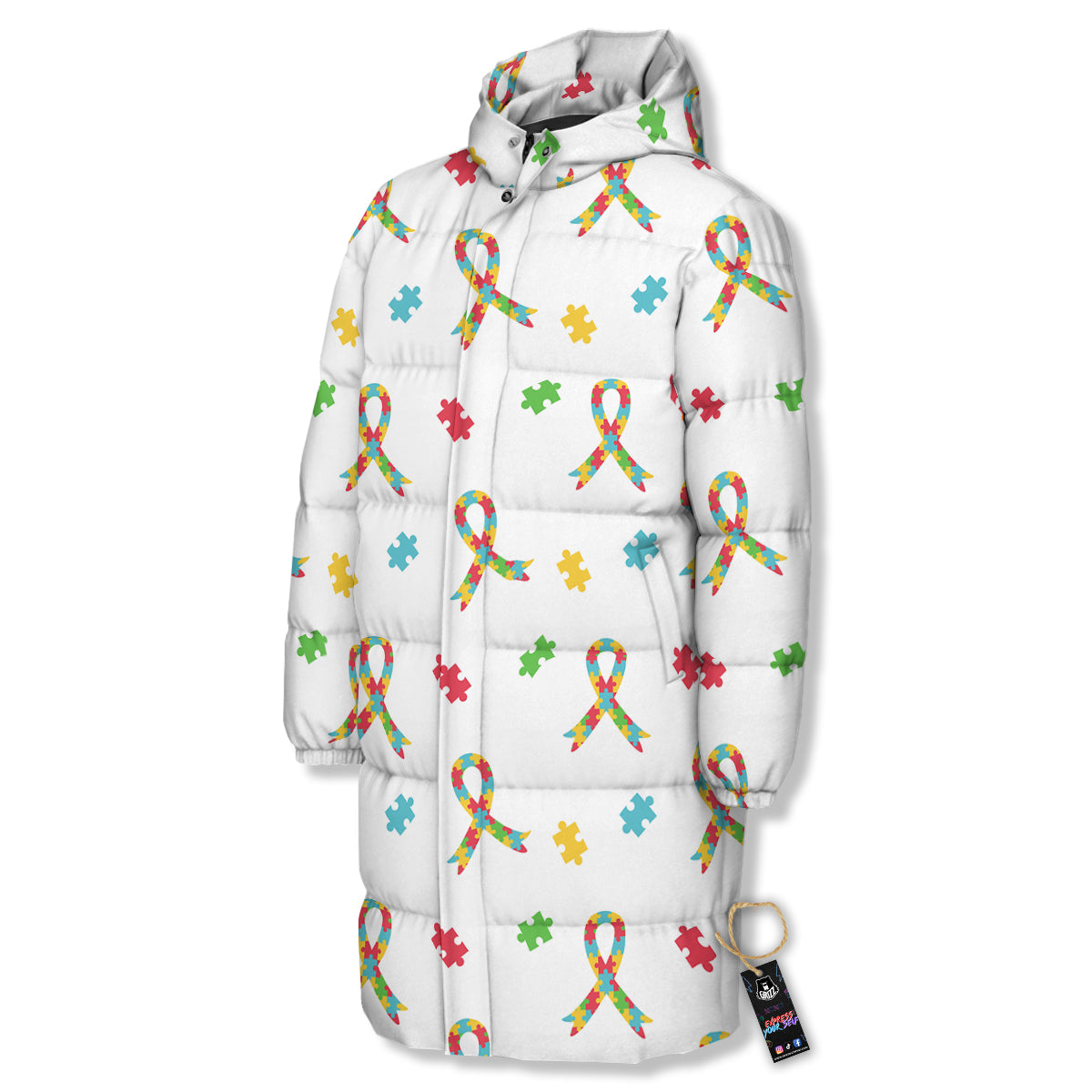 Ribbon Autism Awareness Print Pattern Long Down Jacket-grizzshop