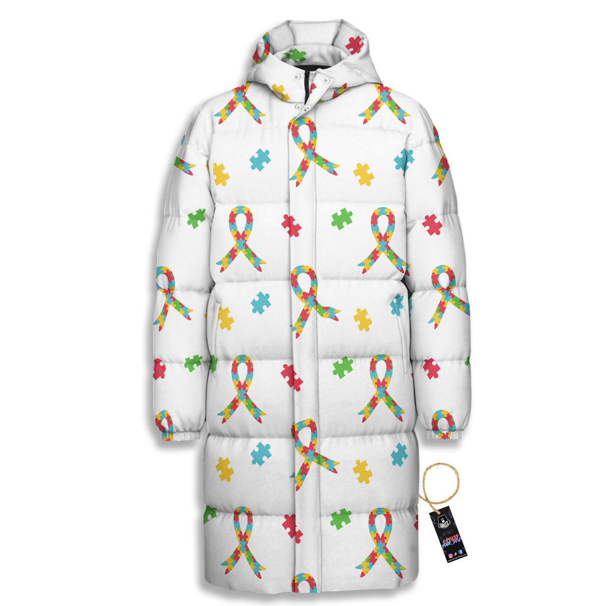 Ribbon Autism Awareness Print Pattern Long Down Jacket-grizzshop
