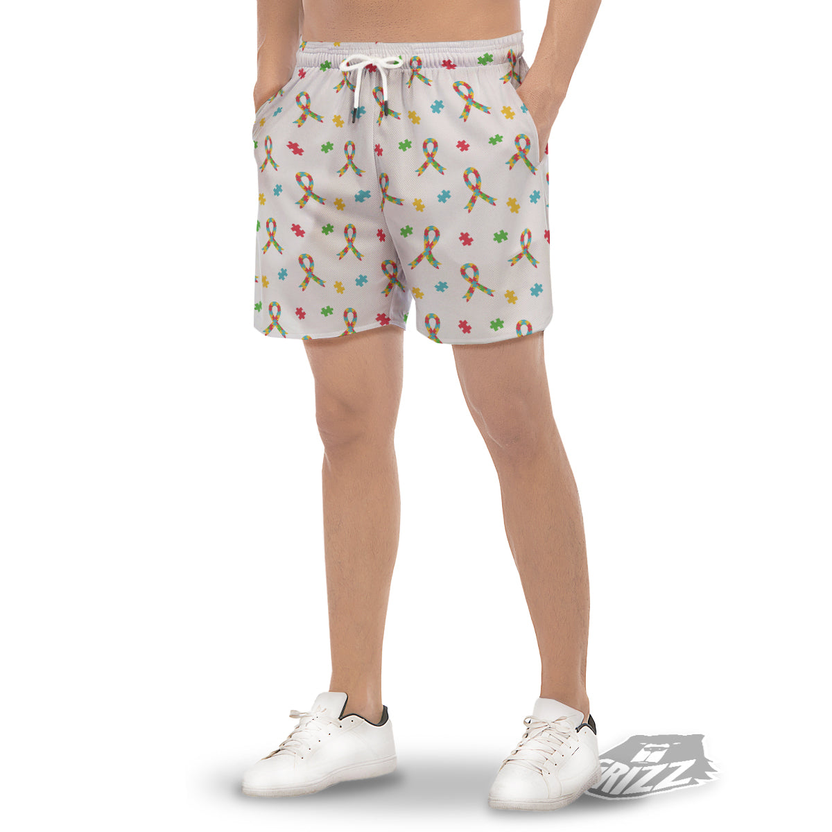 Ribbon Autism Awareness Print Pattern Men's Gym Shorts-grizzshop