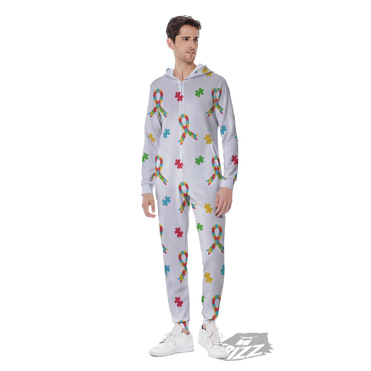 Ribbon Autism Awareness Print Pattern Men's Jumpsuit-grizzshop
