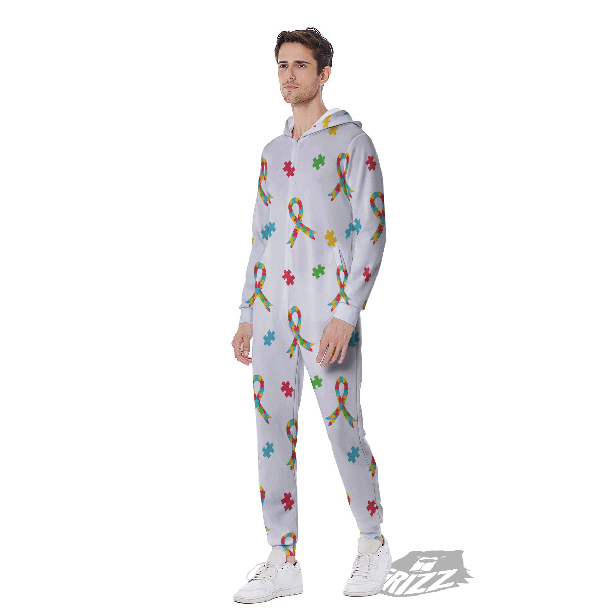 Ribbon Autism Awareness Print Pattern Men's Jumpsuit-grizzshop