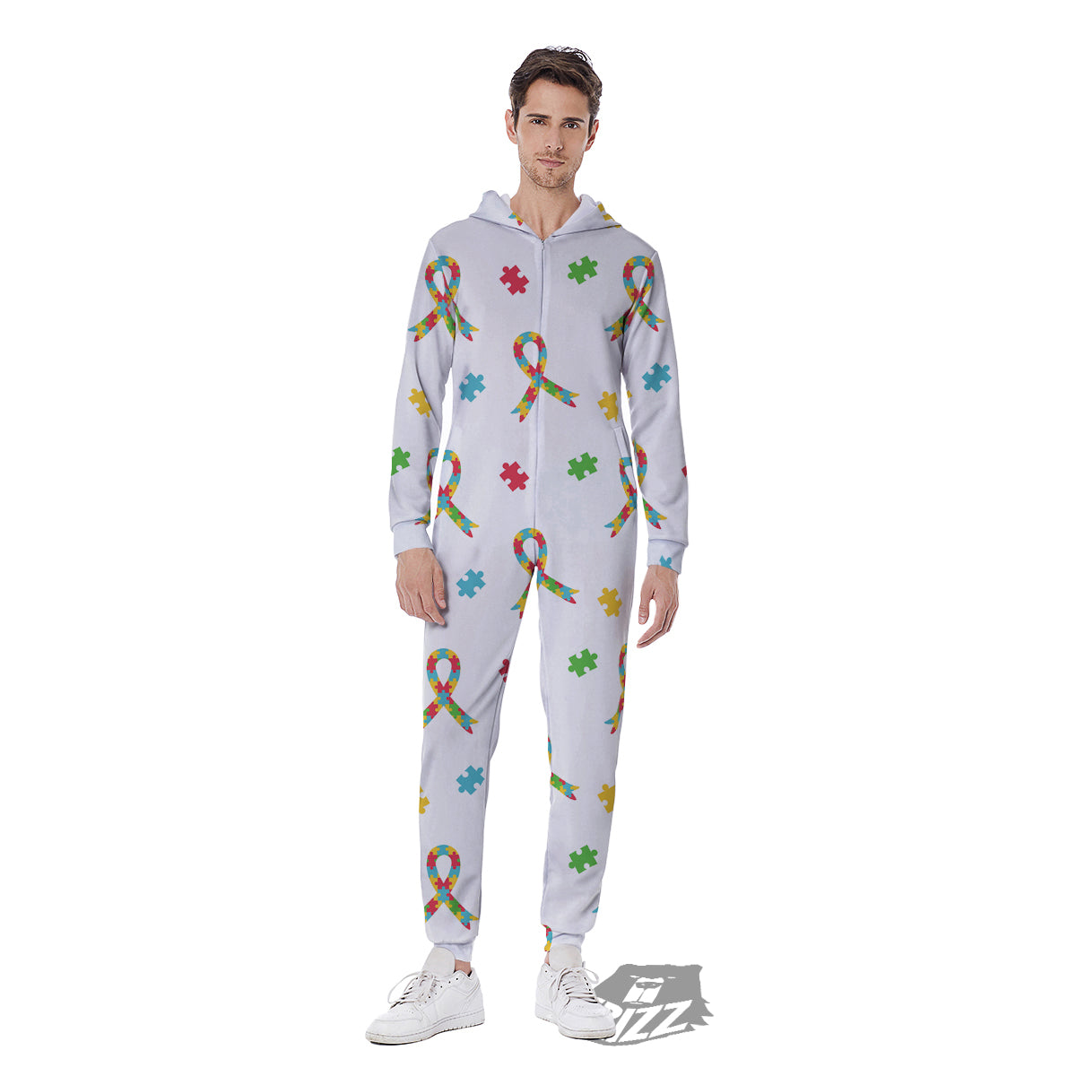 Ribbon Autism Awareness Print Pattern Men's Jumpsuit-grizzshop