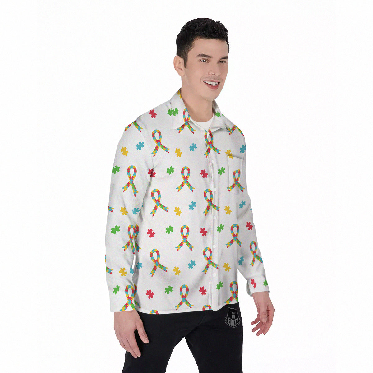 Ribbon Autism Awareness Print Pattern Men's Long Sleeve Shirts-grizzshop