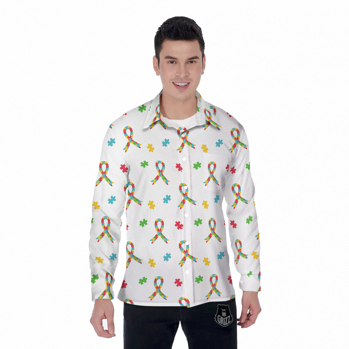 Ribbon Autism Awareness Print Pattern Men's Long Sleeve Shirts-grizzshop