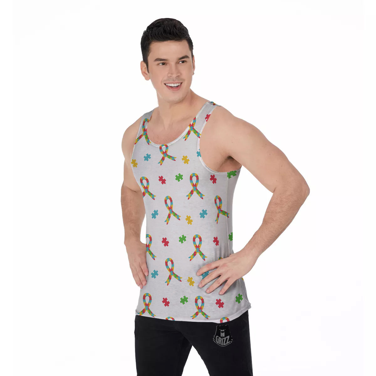Ribbon Autism Awareness Print Pattern Men's Tank Top-grizzshop