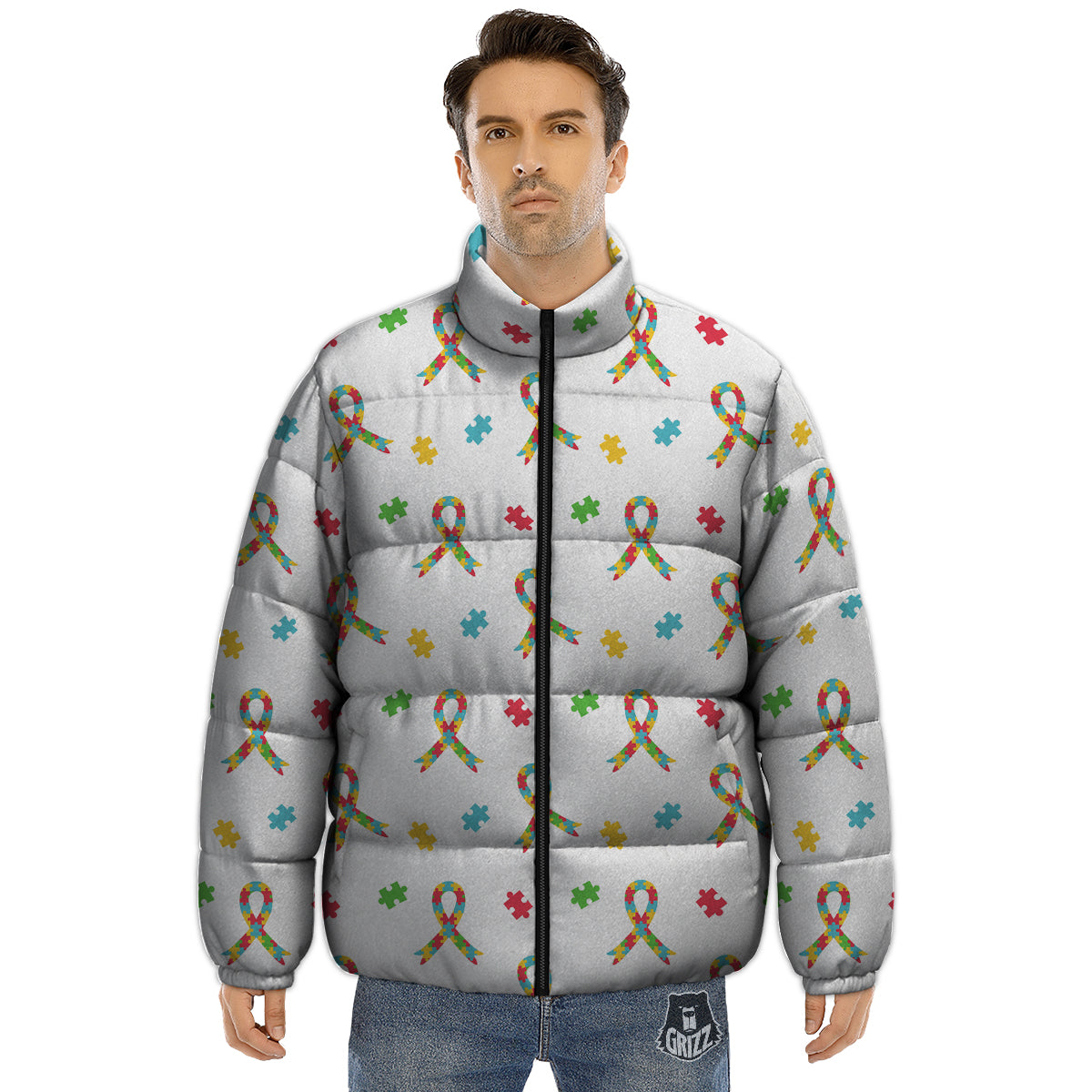 Ribbon Autism Awareness Print Pattern Puffer Jacket-grizzshop