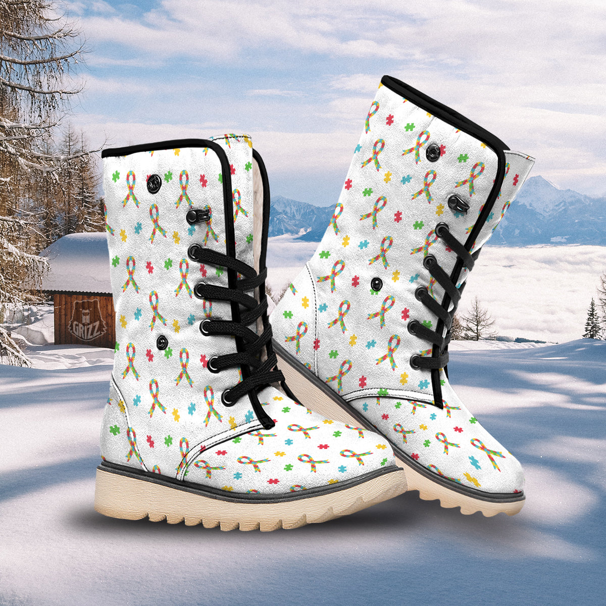 Ribbon Autism Awareness Print Pattern Snow Boots-grizzshop