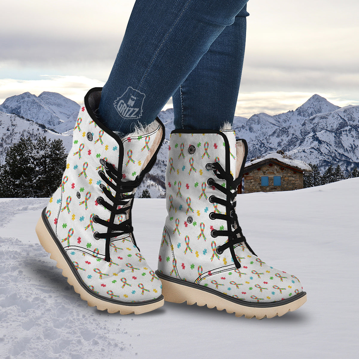 Ribbon Autism Awareness Print Pattern Snow Boots-grizzshop