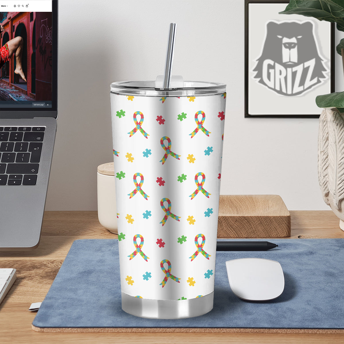 Ribbon Autism Awareness Print Pattern Tumbler-grizzshop