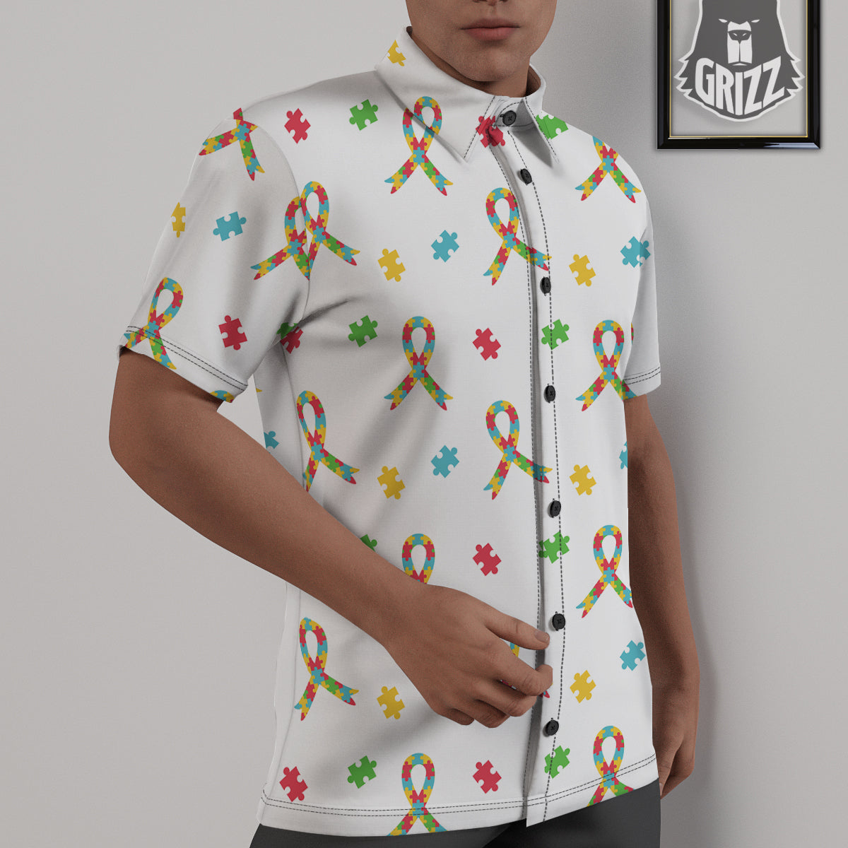 Ribbon Autism Awareness Print Pattern Untucked Shirts-grizzshop