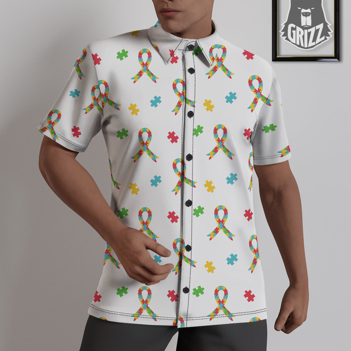 Ribbon Autism Awareness Print Pattern Untucked Shirts-grizzshop