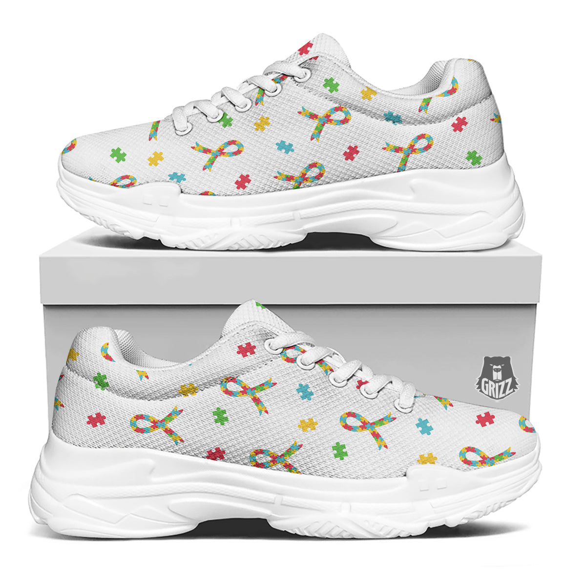 Ribbon Autism Awareness Print Pattern White Chunky Shoes-grizzshop