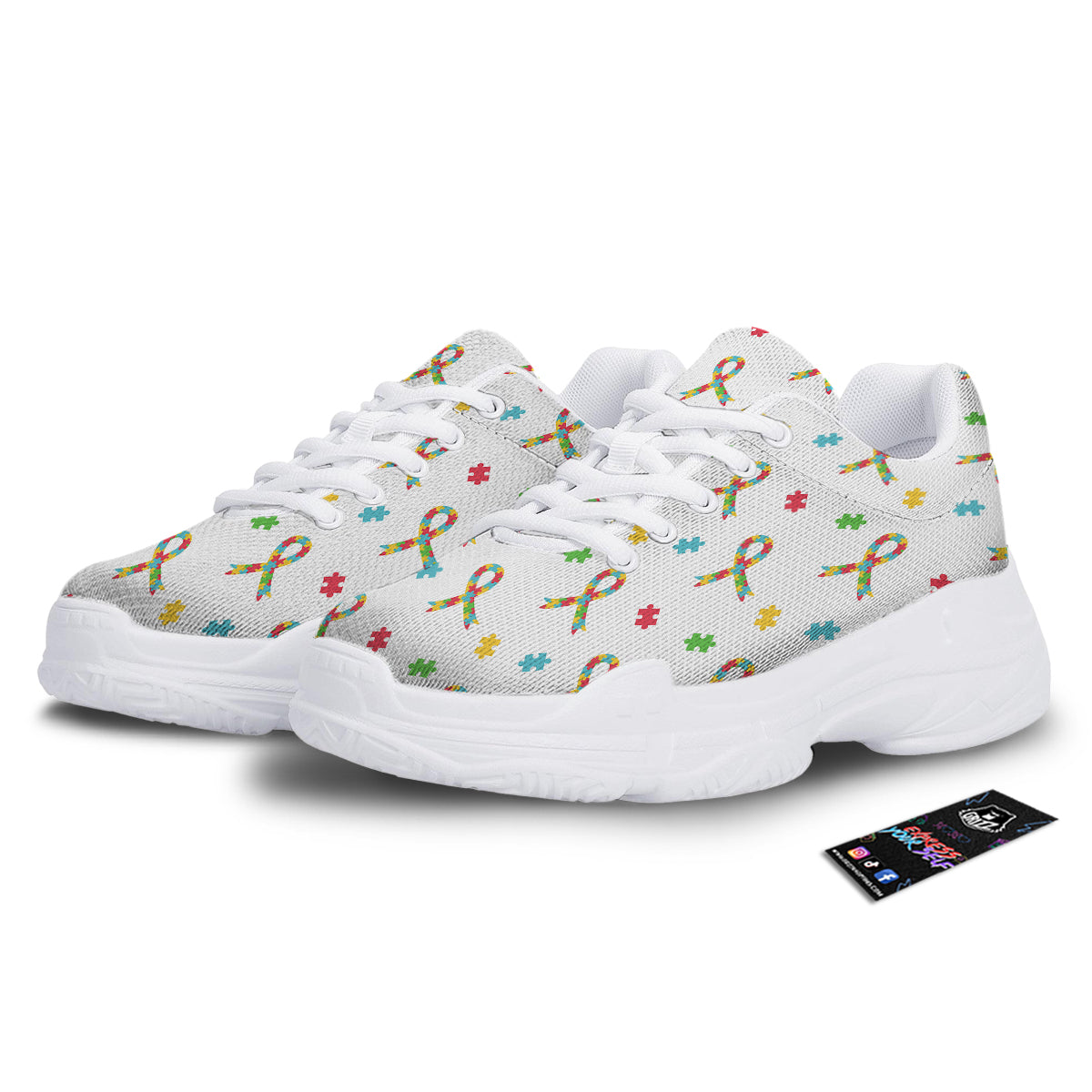 Ribbon Autism Awareness Print Pattern White Chunky Shoes-grizzshop