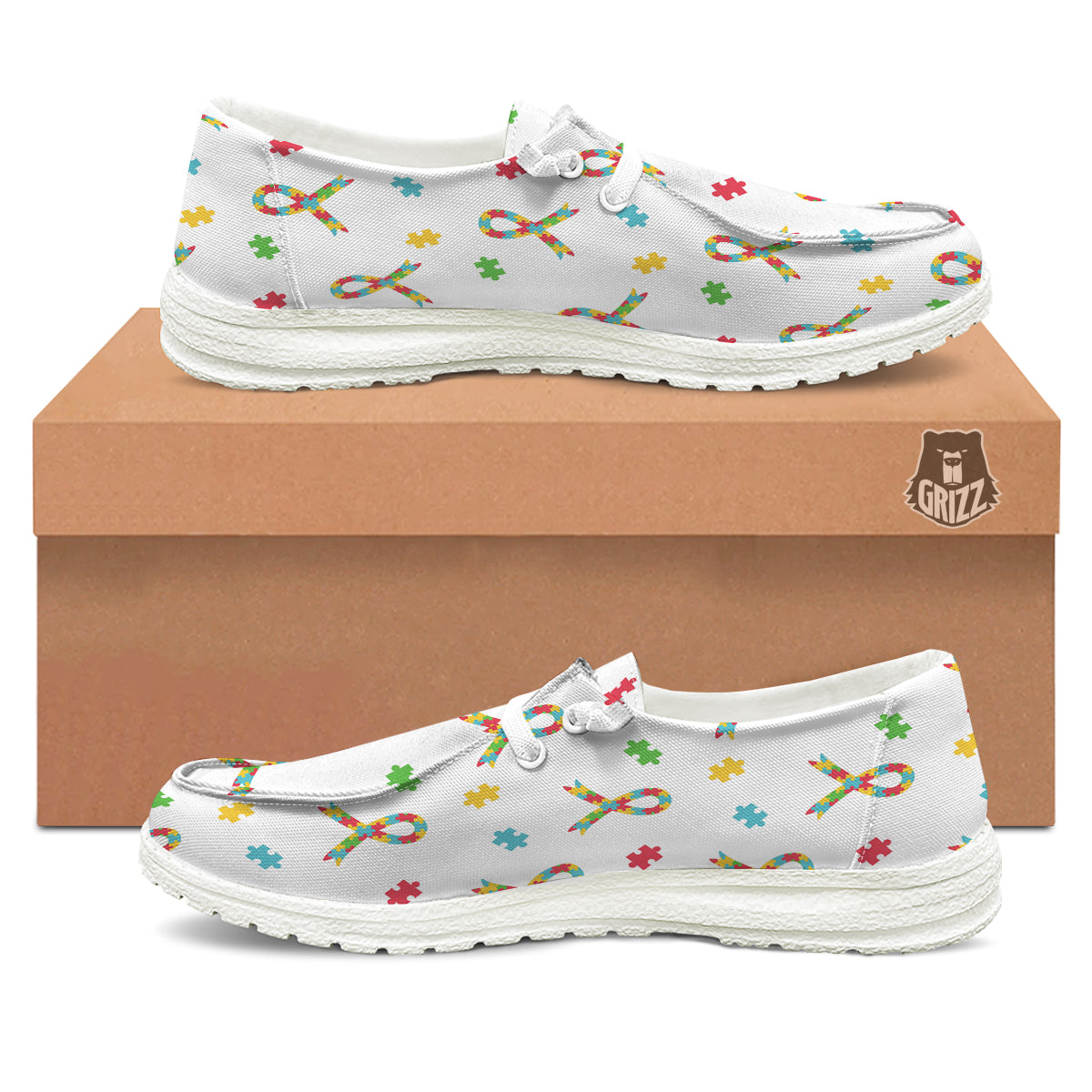 Ribbon Autism Awareness Print Pattern White Loafers-grizzshop