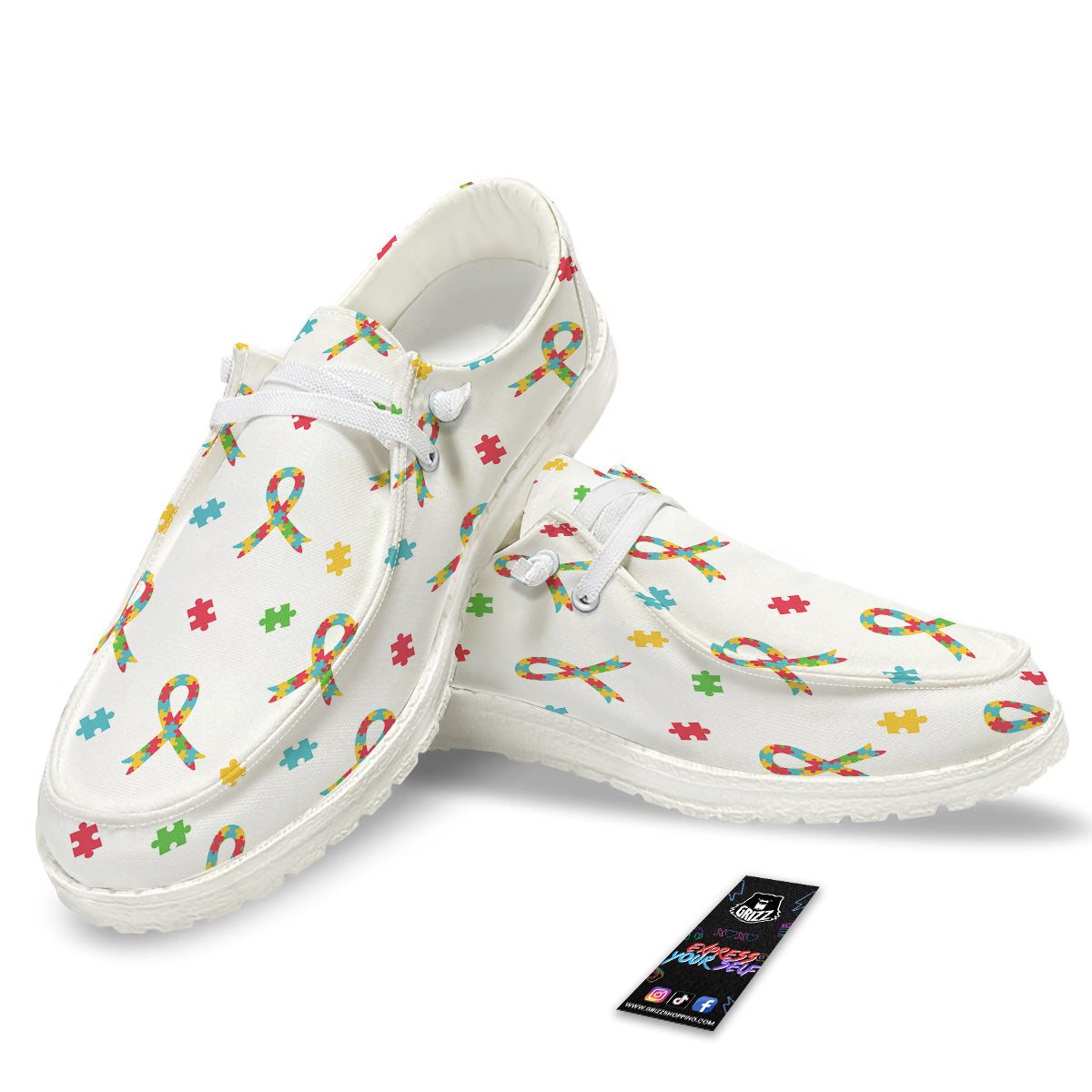 Ribbon Autism Awareness Print Pattern White Loafers-grizzshop