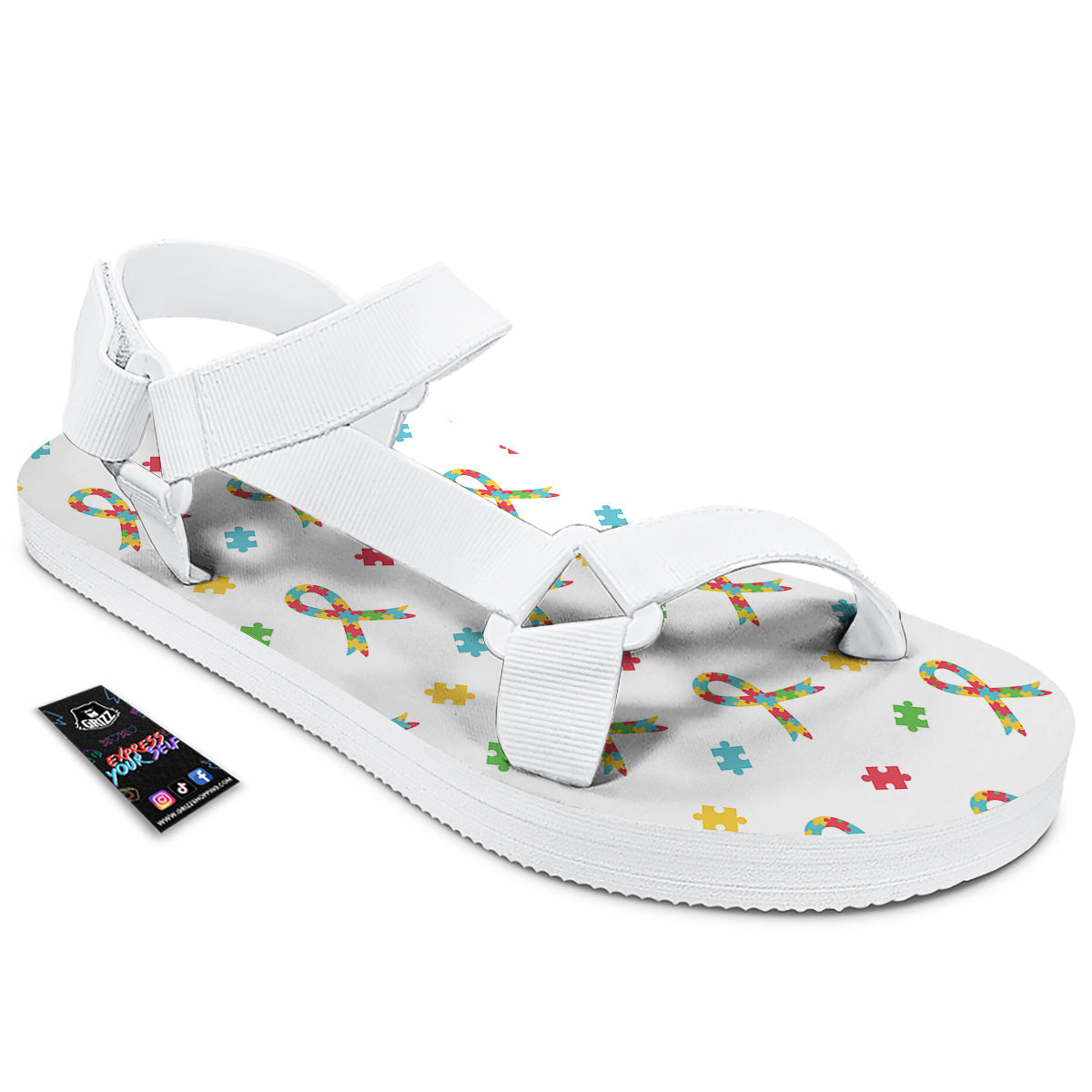 Ribbon Autism Awareness Print Pattern White Open Toe Sandals-grizzshop