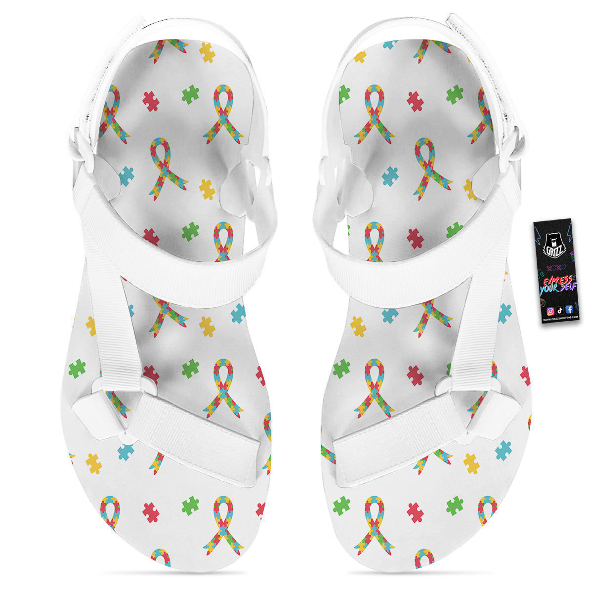 Ribbon Autism Awareness Print Pattern White Open Toe Sandals-grizzshop