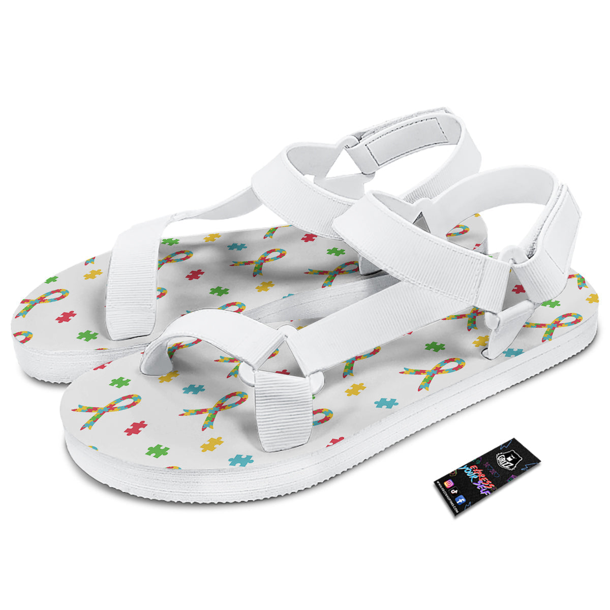 Ribbon Autism Awareness Print Pattern White Open Toe Sandals-grizzshop