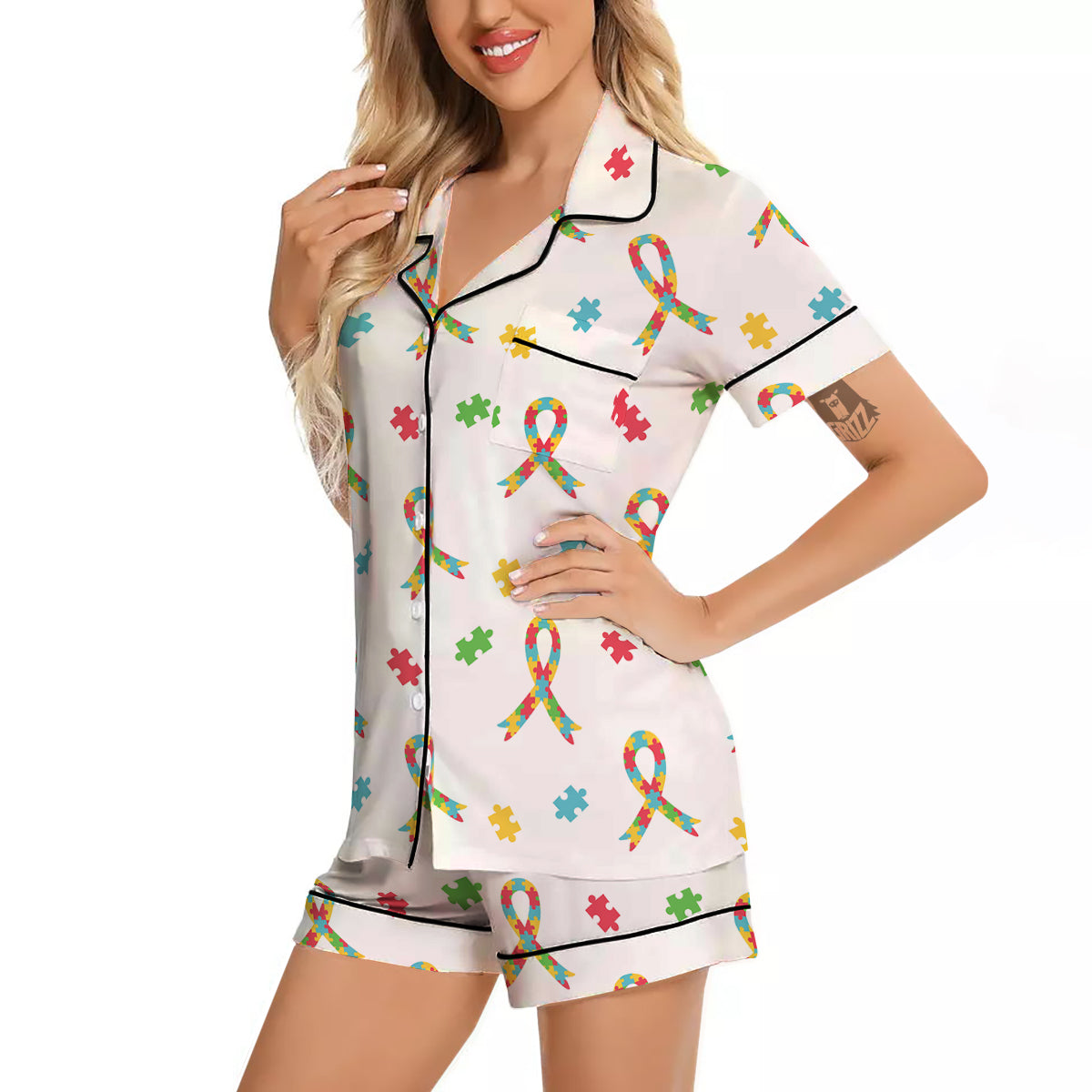Ribbon Autism Awareness Print Pattern Women Silk Pajamas-grizzshop