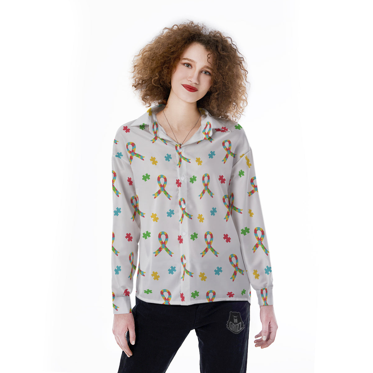 Ribbon Autism Awareness Print Pattern Women's Long Sleeve Shirts-grizzshop