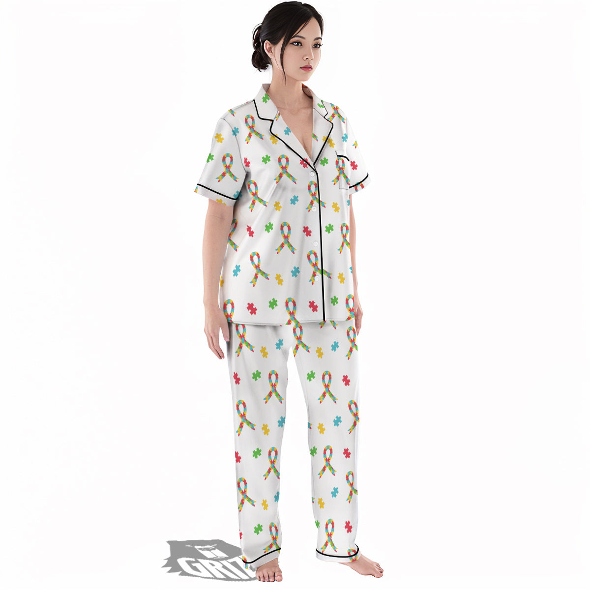 Ribbon Autism Awareness Print Pattern Women's Pajamas Set-grizzshop