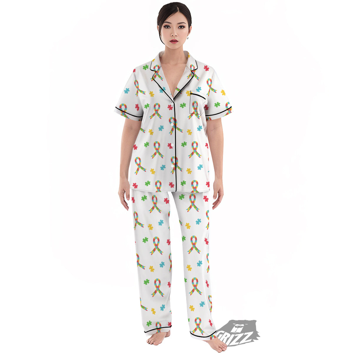 Ribbon Autism Awareness Print Pattern Women's Pajamas Set-grizzshop