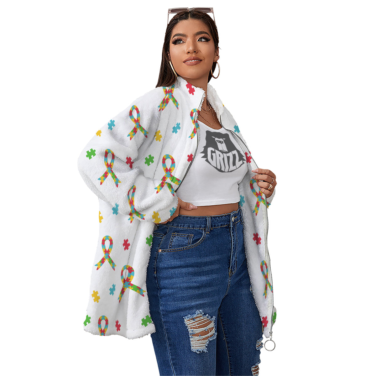 Ribbon Autism Awareness Print Pattern Women's Sherpa Jacket-grizzshop