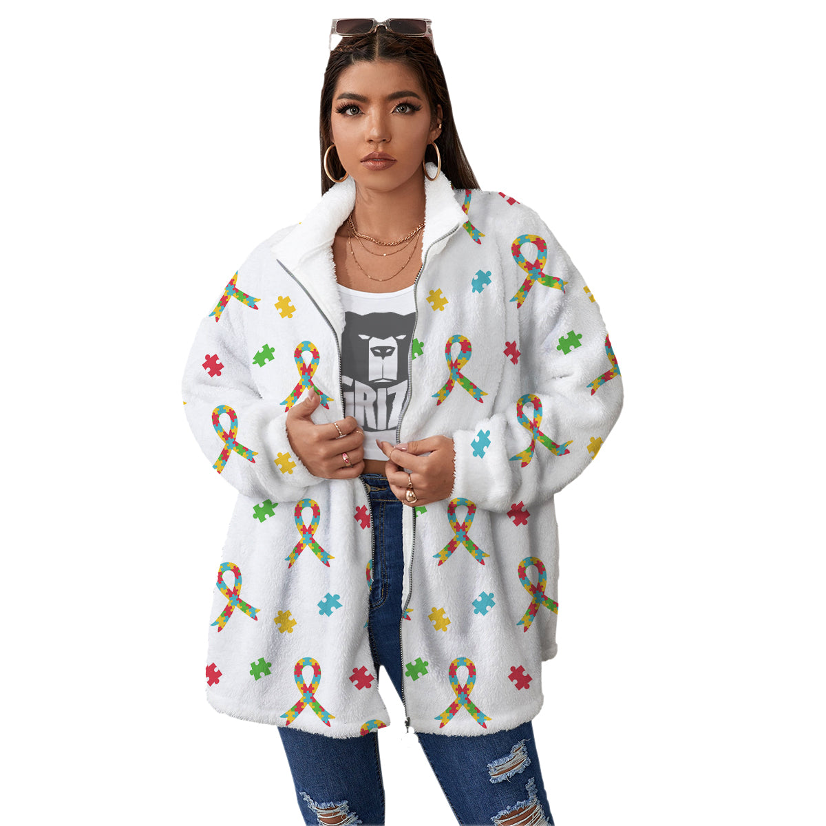 Ribbon Autism Awareness Print Pattern Women's Sherpa Jacket-grizzshop