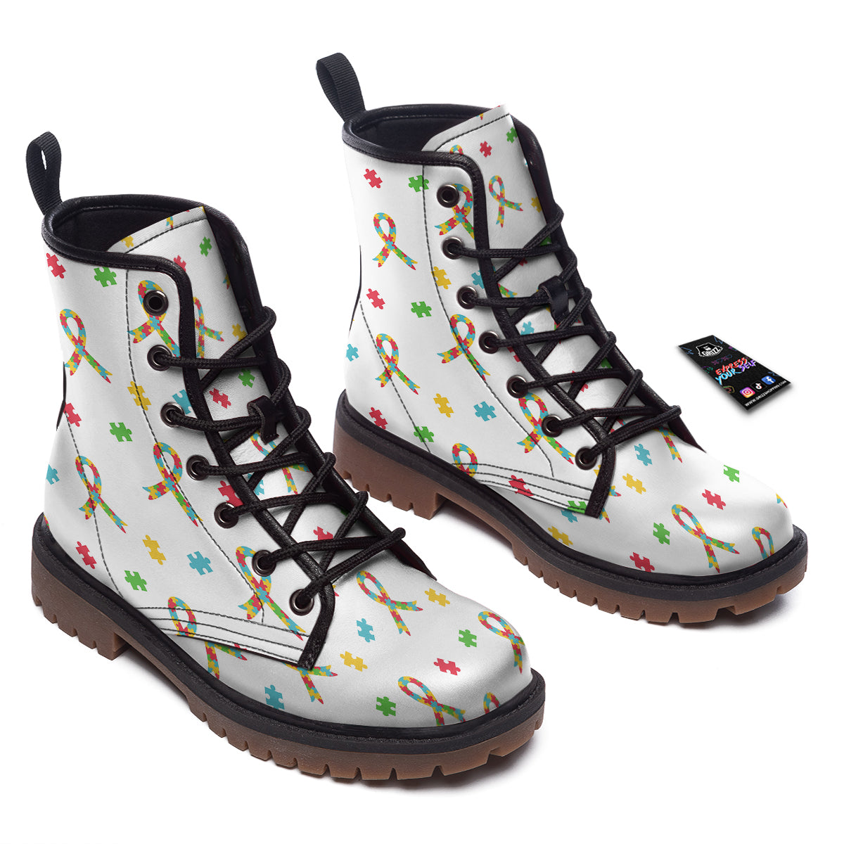 Ribbon Autism Awareness Print Pattern Work Boots-grizzshop