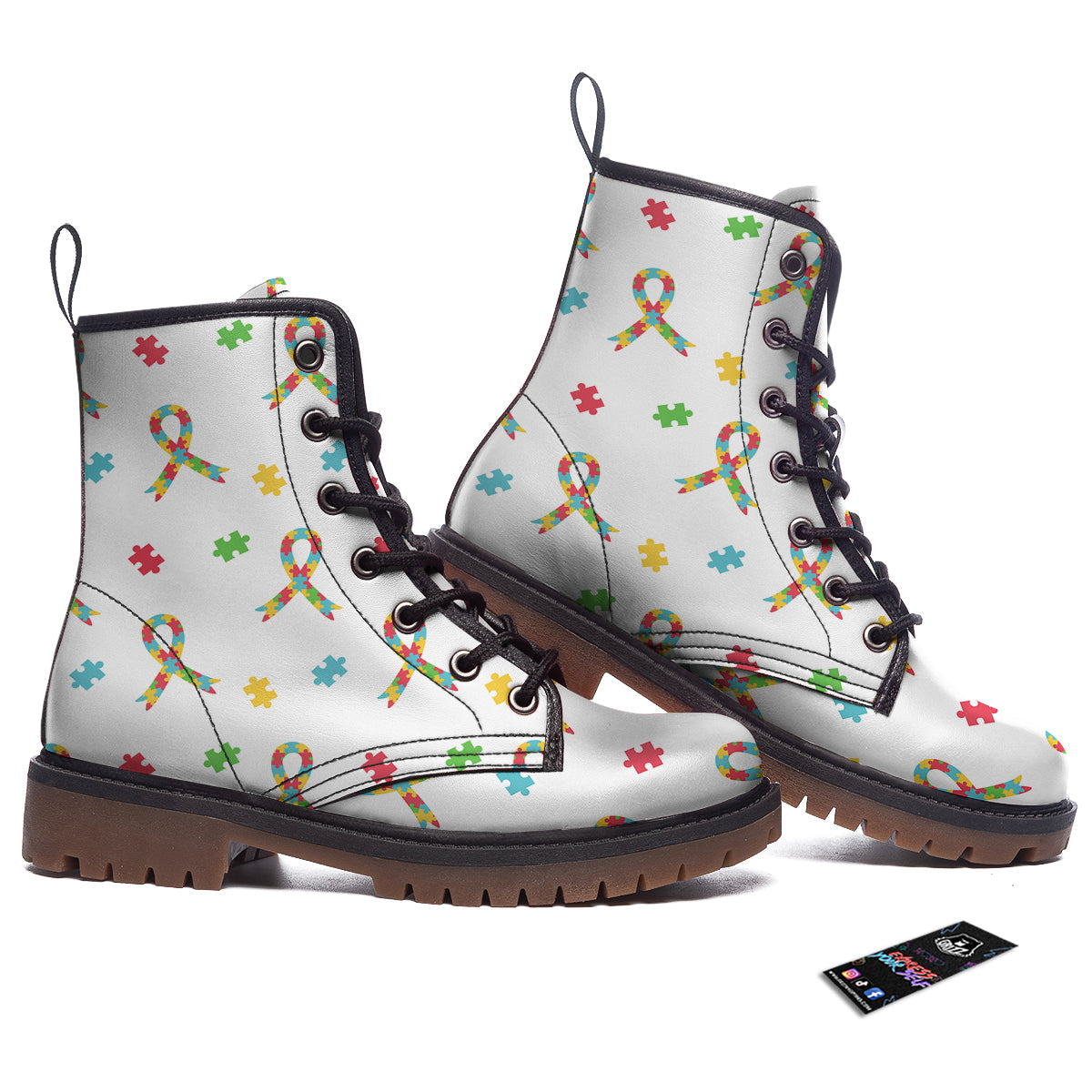 Ribbon Autism Awareness Print Pattern Work Boots-grizzshop
