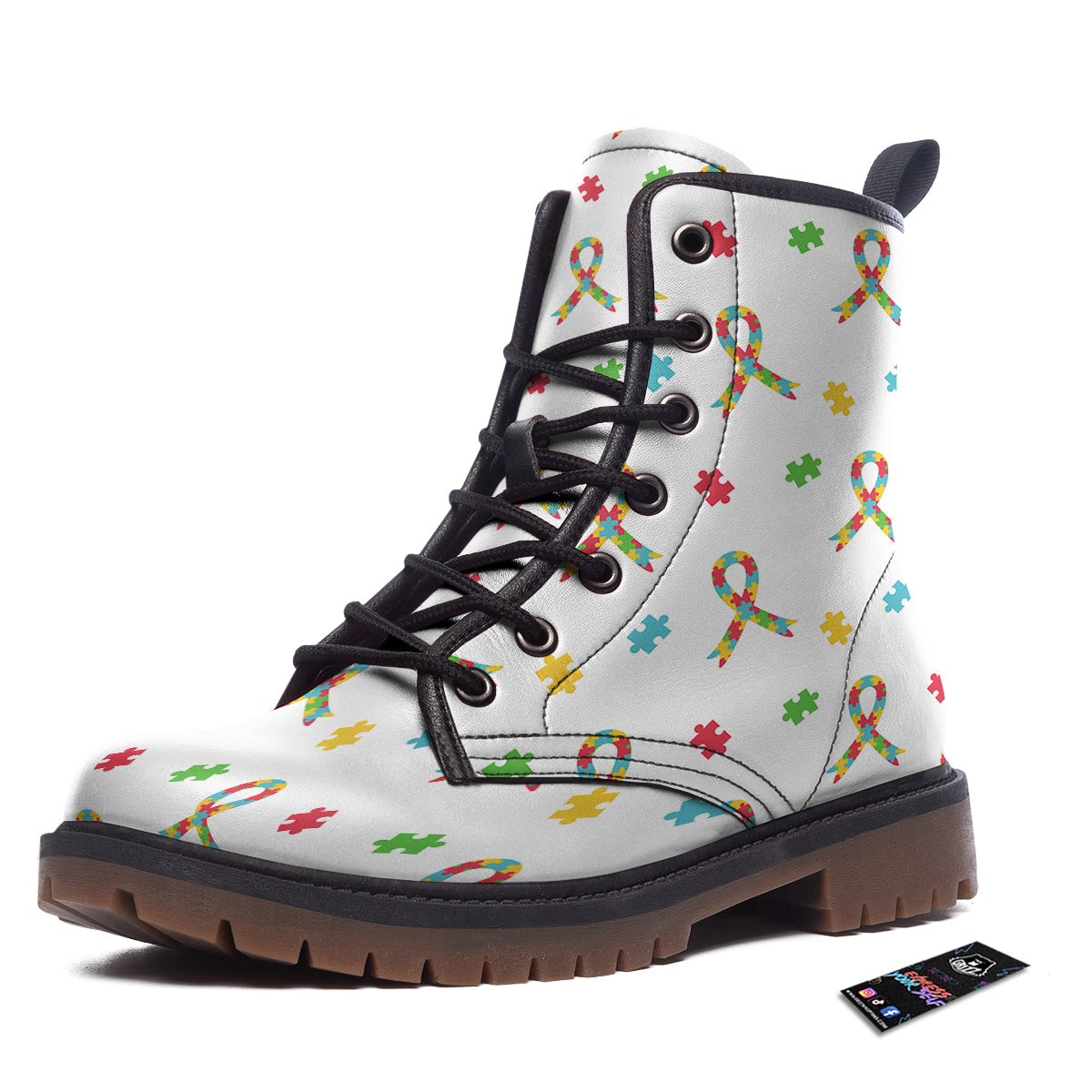 Ribbon Autism Awareness Print Pattern Work Boots-grizzshop