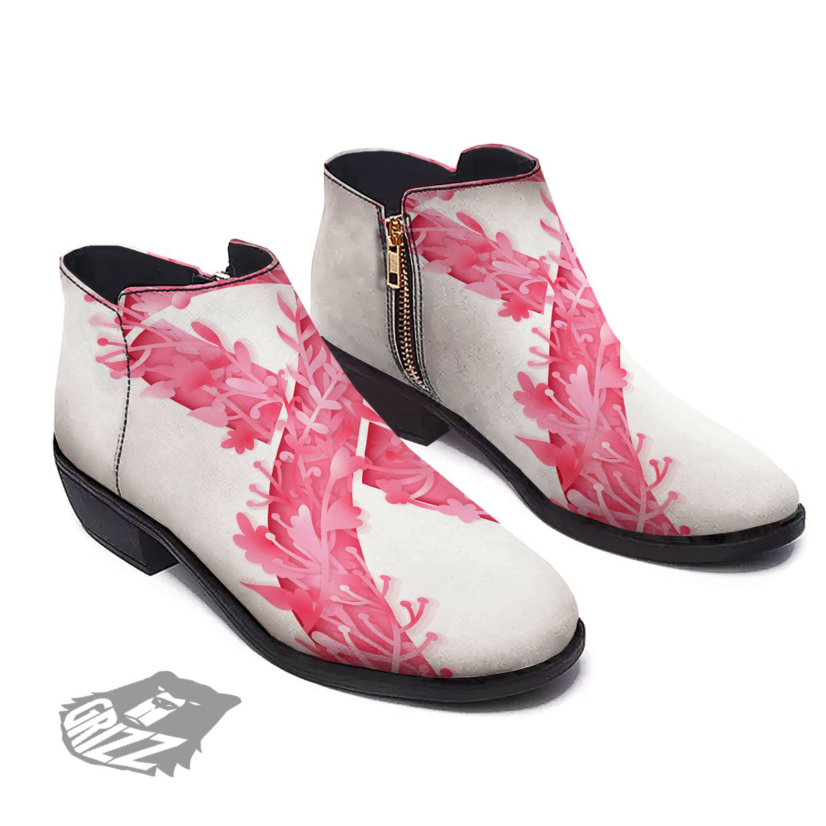 Ribbon Flower Pink Breast Cancer Print Ankle Boots-grizzshop