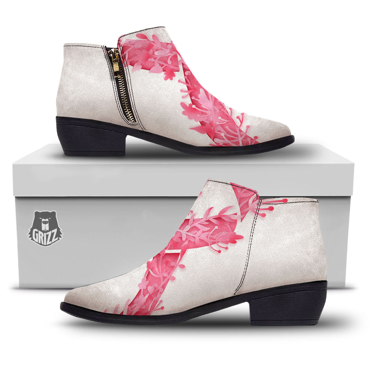 Ribbon Flower Pink Breast Cancer Print Ankle Boots-grizzshop