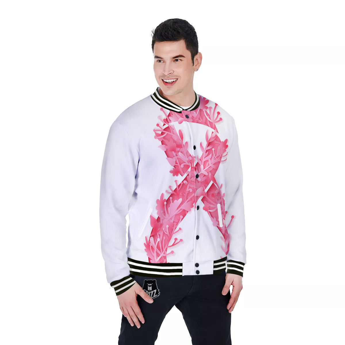 Ribbon Flower Pink Breast Cancer Print Baseball Jacket-grizzshop