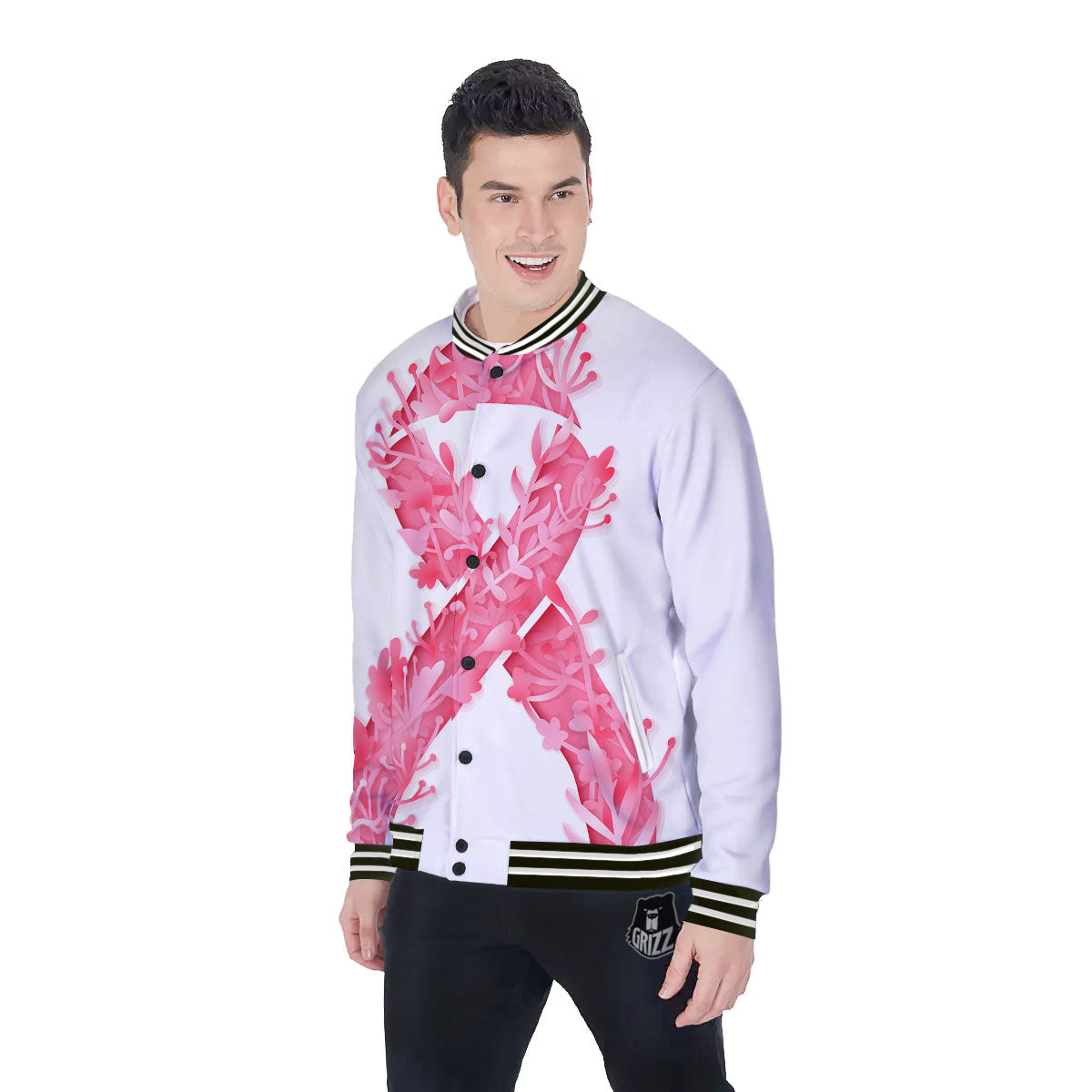 Ribbon Flower Pink Breast Cancer Print Baseball Jacket-grizzshop