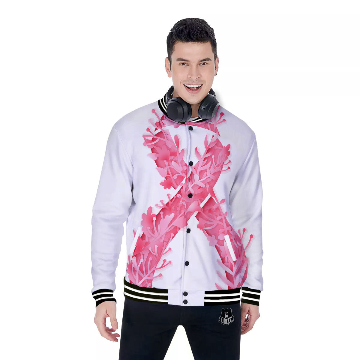 Ribbon Flower Pink Breast Cancer Print Baseball Jacket-grizzshop