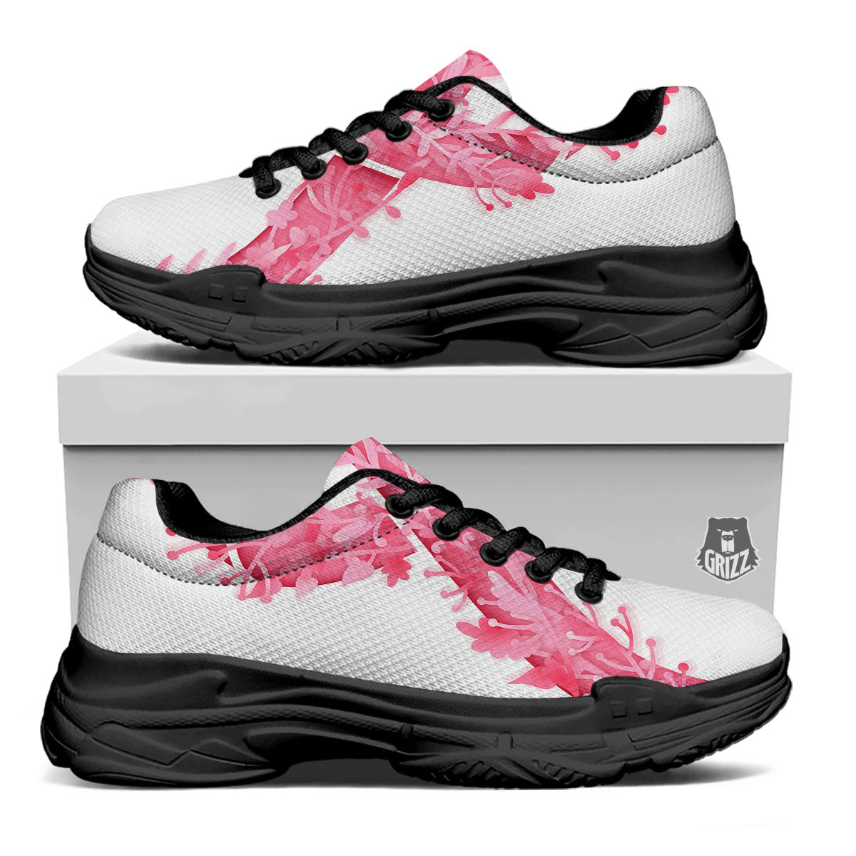 Ribbon Flower Pink Breast Cancer Print Black Chunky Shoes-grizzshop
