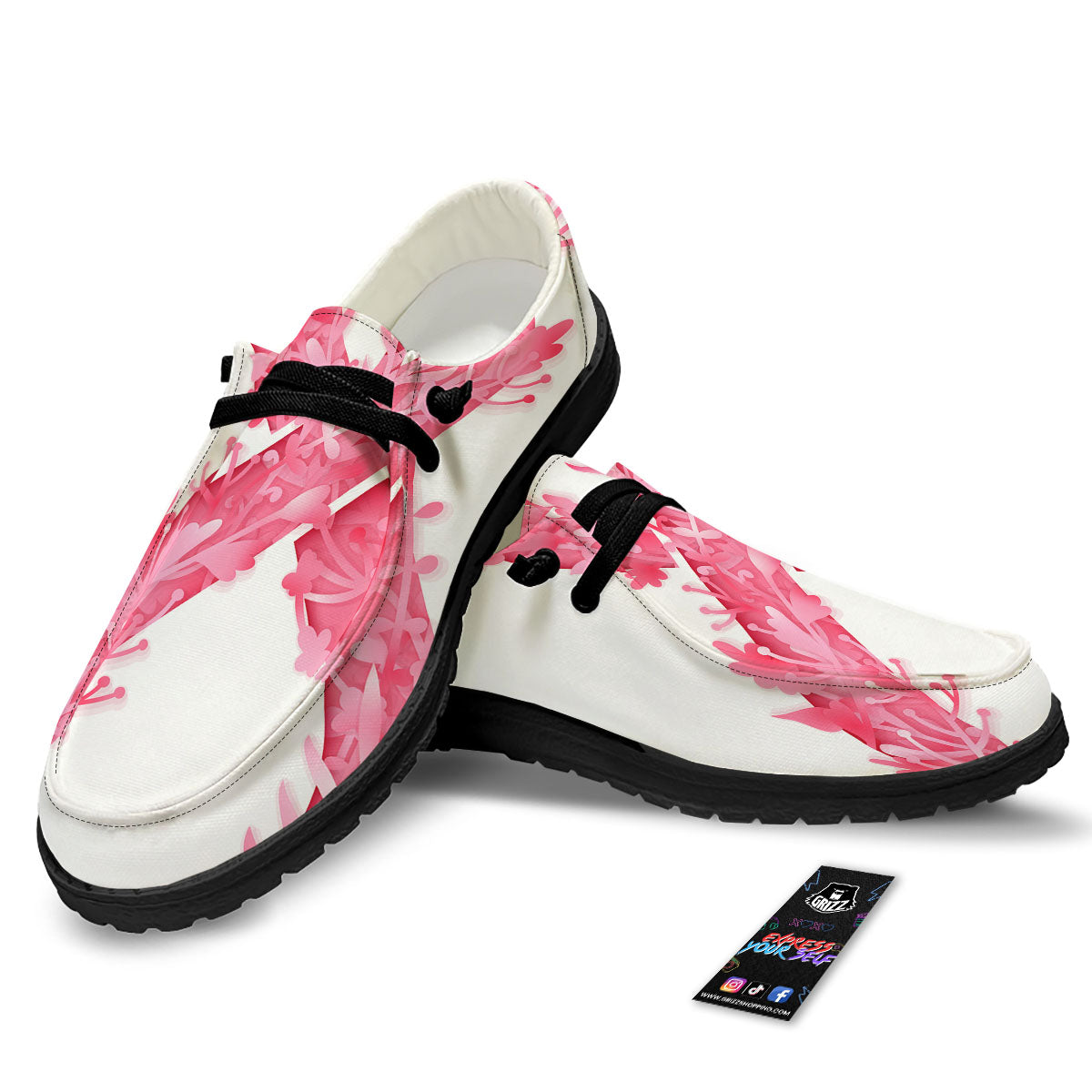 Ribbon Flower Pink Breast Cancer Print Black Loafers-grizzshop
