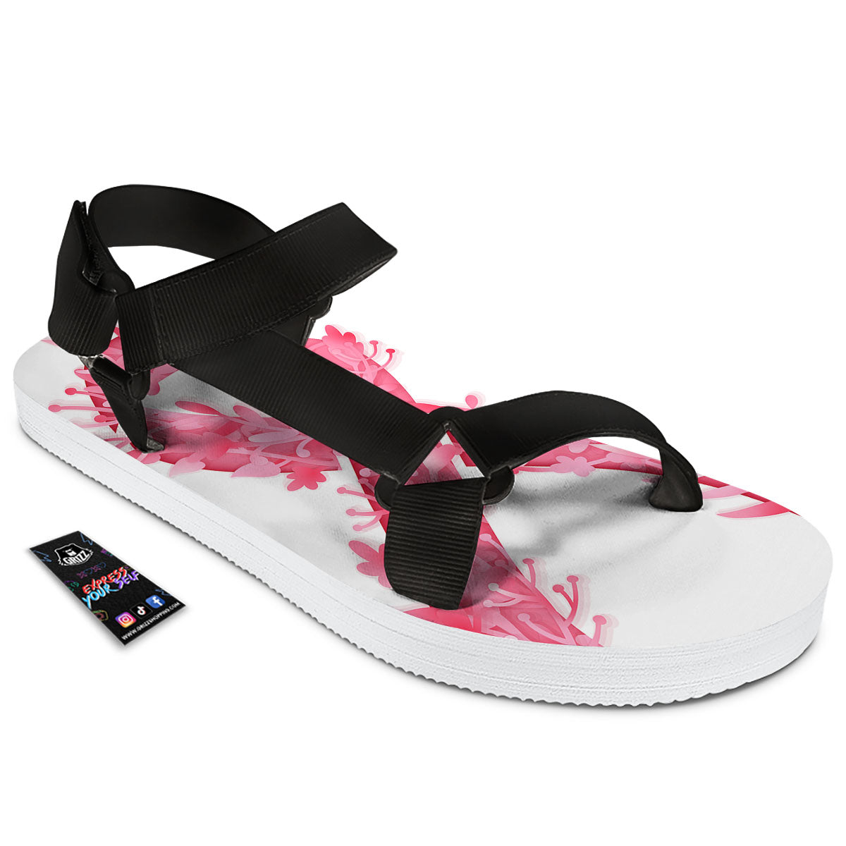 Ribbon Flower Pink Breast Cancer Print Black Open Toe Sandals-grizzshop