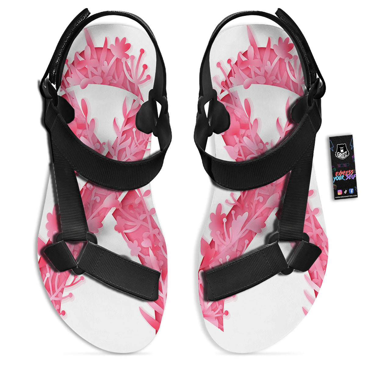 Ribbon Flower Pink Breast Cancer Print Black Open Toe Sandals-grizzshop