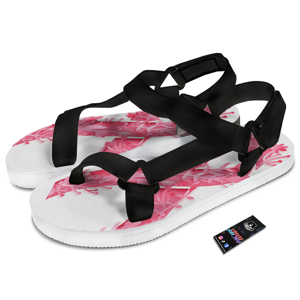 Ribbon Flower Pink Breast Cancer Print Black Open Toe Sandals-grizzshop