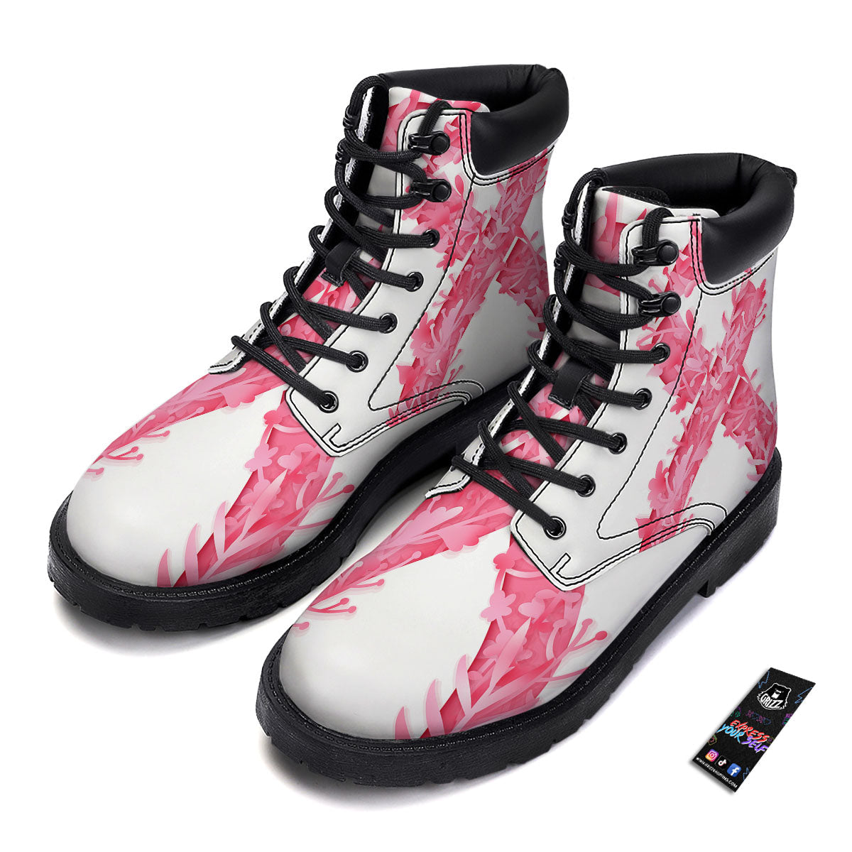 Ribbon Flower Pink Breast Cancer Print Boots-grizzshop